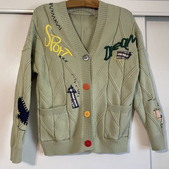 ebossy Cable Knit Cardigan Embroidery Sweater Button V Neck Coat Size M Green - Picture 11 of 15